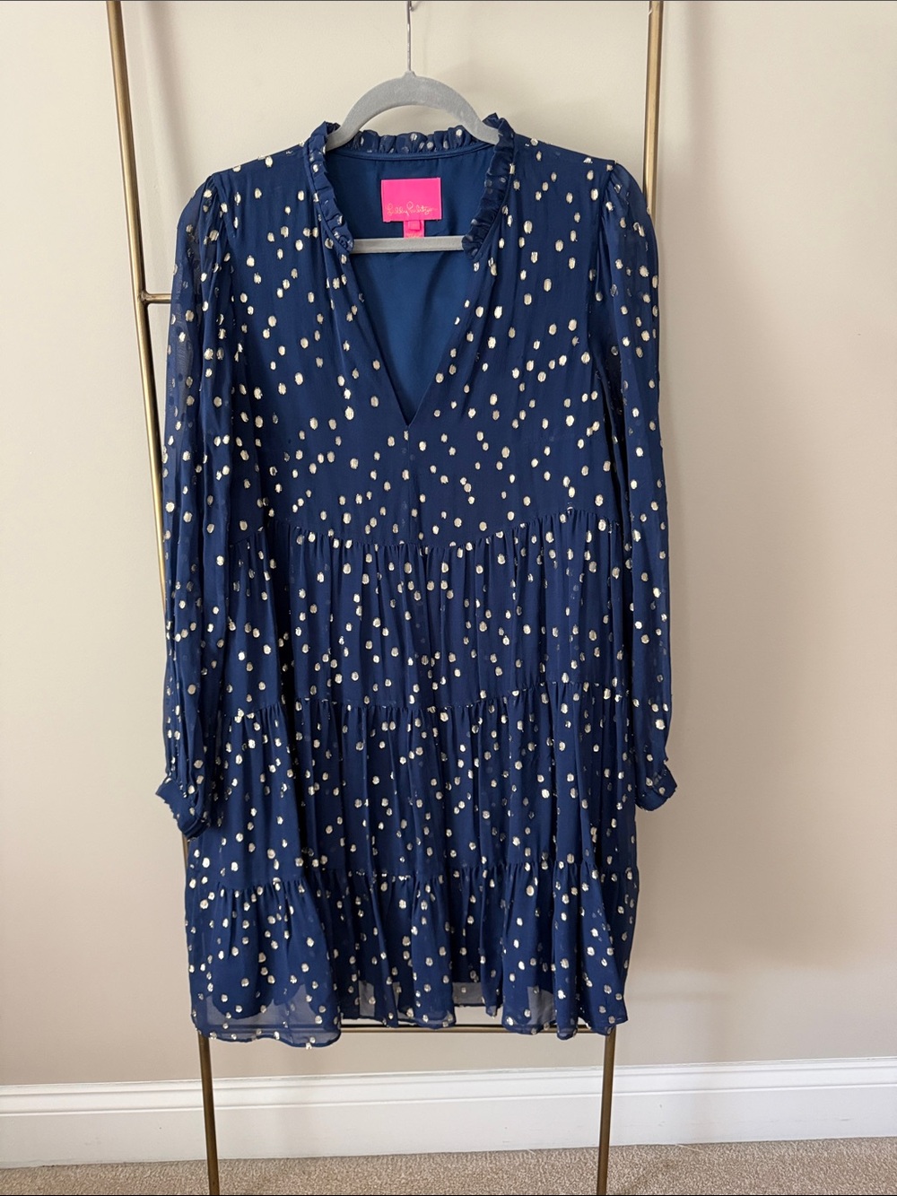 Lilly Pulitzer Navy Dress with Gold Polka Dot Accents